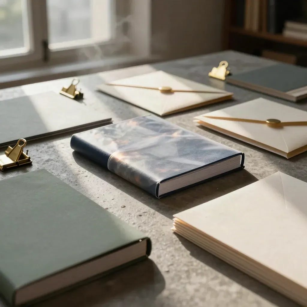 Closed handbook with templates, envelopes, and clips on a stone worktable in rainy dawn light