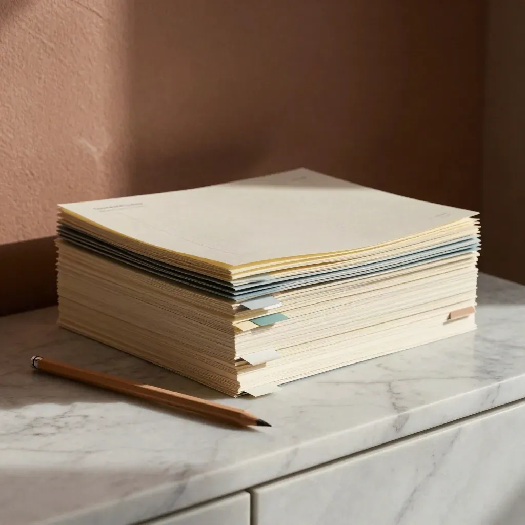 Cream jot pads, color tabs, and pencils mid-sort on a marble sideboard, softly lit.