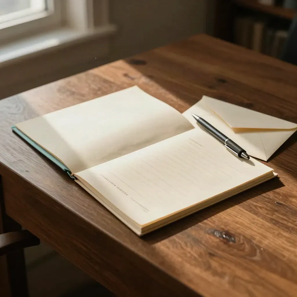 Overhead of a cream intake folder, pen, and sealed envelope on a walnut desk in soft morning light.